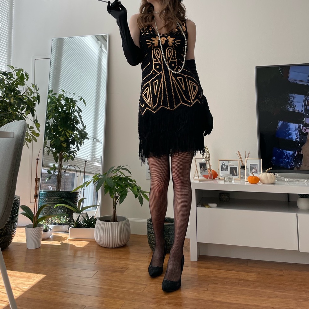 Great Gatsby Halloween Costume Dress 1920s - Black and Gold S